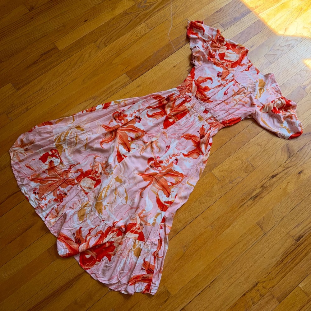 Abel the Label Pink Orange Floral High Low Maxi Dress Smocked Waist M Beach Boho - Picture 12 of 12